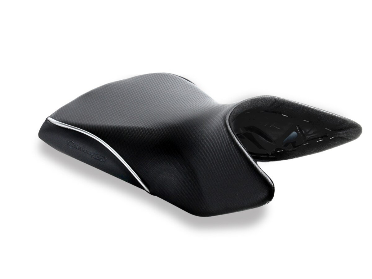 REVolution OEM Front Motorcycle Seat Upgrade as seen on the KTM 1290 Super Adventure in CFX with Silver Welt. Also available as a DIY kit.